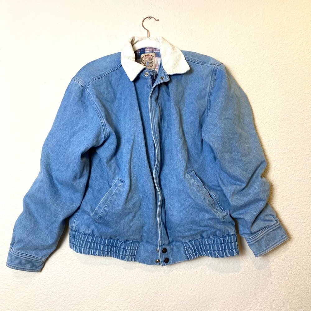 Rare Vintage Levis Denim Zip Puffer Bomber Trucker Jacket Corduroy Collar